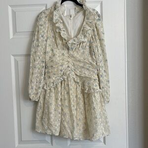 Cream and Light Blue Floral Ruffle Dress